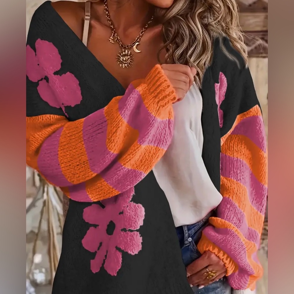 BLACK Pink and Orange Striped and Floral Knit Cardigan Sweater - Picture 5 of 8